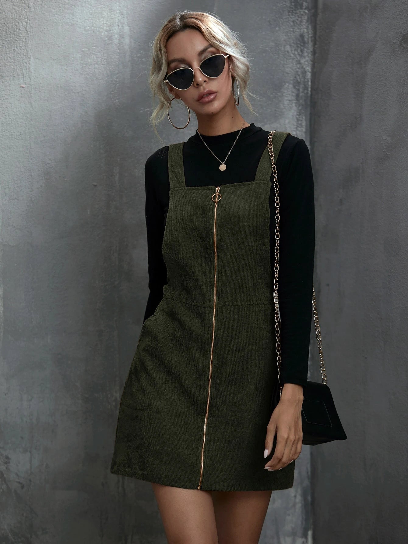 SHEIN LUNE O-ring Zip Up Corduroy Overall Dress