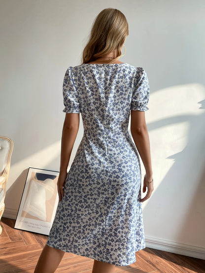 Breezaya Women's Random Printed Simple Daily Short-Sleeved Square Neck Dress Vacation Beach Outfit