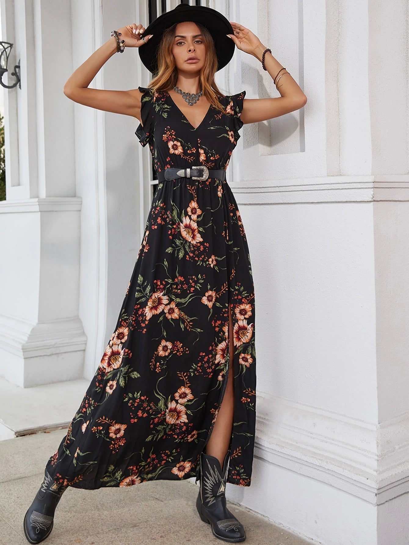 Breezaya Floral Print Ruffle Trim Slit Thigh Dress Without Belt Maxi Vacation Beach Outfits Women