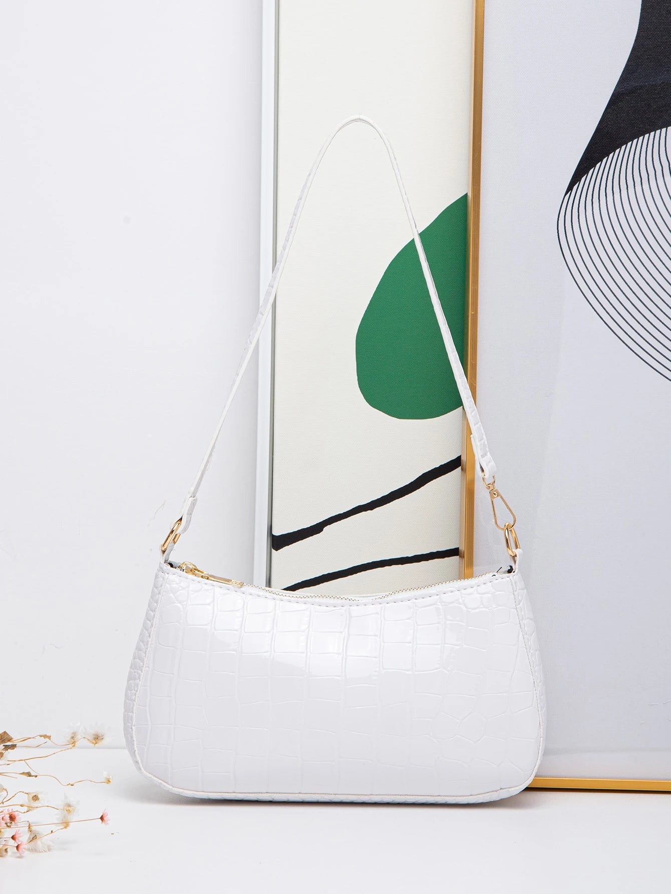 Women's Fashion Solid Color Crocodile Pattern Baguette Shoulder Bag