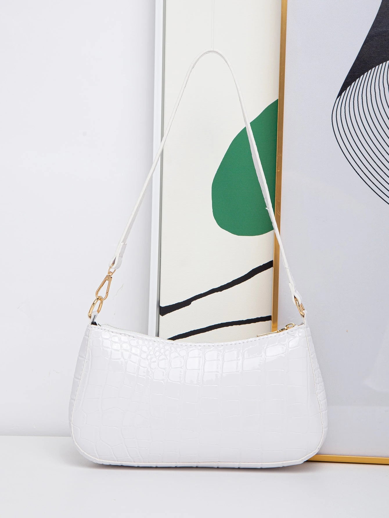 Women's Fashion Solid Color Crocodile Pattern Baguette Shoulder Bag