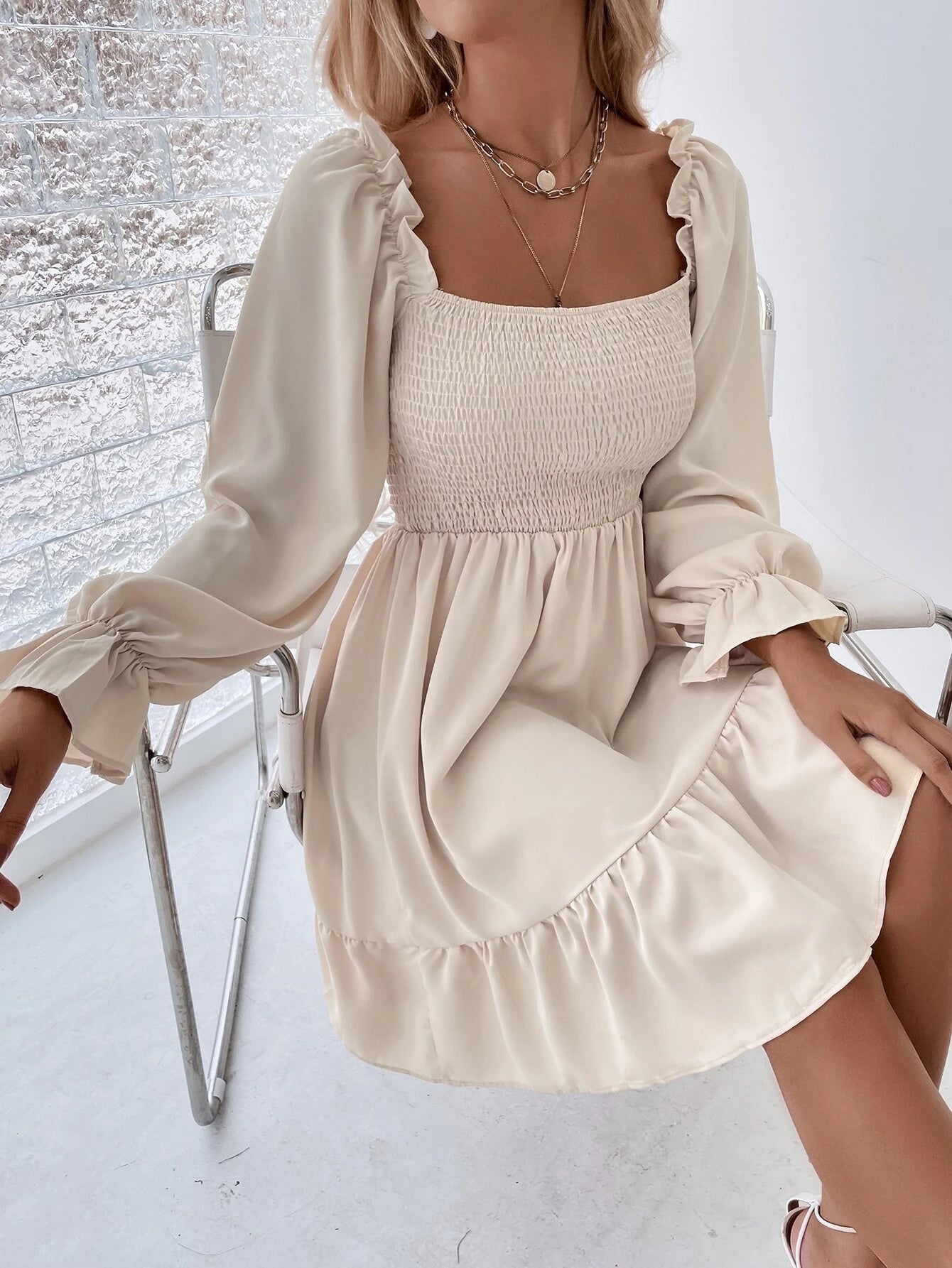 Chiquease Square Neck Shirred Bodice Flounce Sleeve Ruffle Hem Dress Fall Cloth For Women