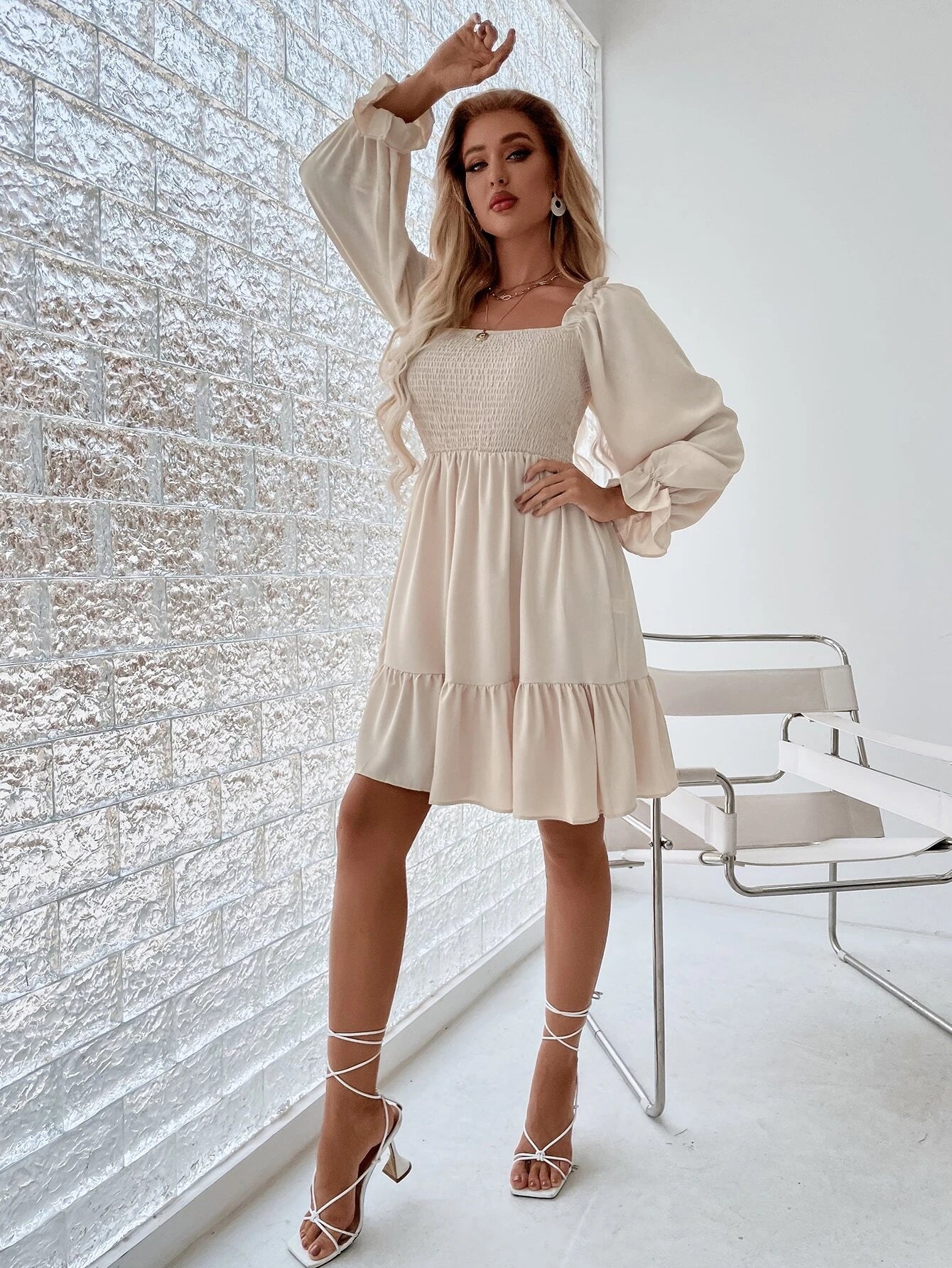 Chiquease Square Neck Shirred Bodice Flounce Sleeve Ruffle Hem Dress Fall Cloth For Women