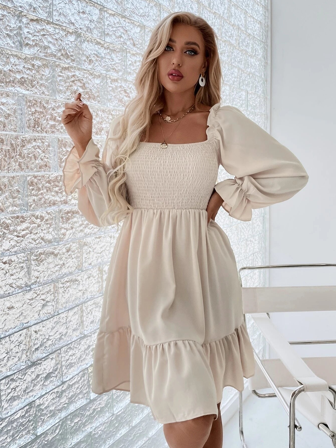 Chiquease Square Neck Shirred Bodice Flounce Sleeve Ruffle Hem Dress Fall Cloth For Women