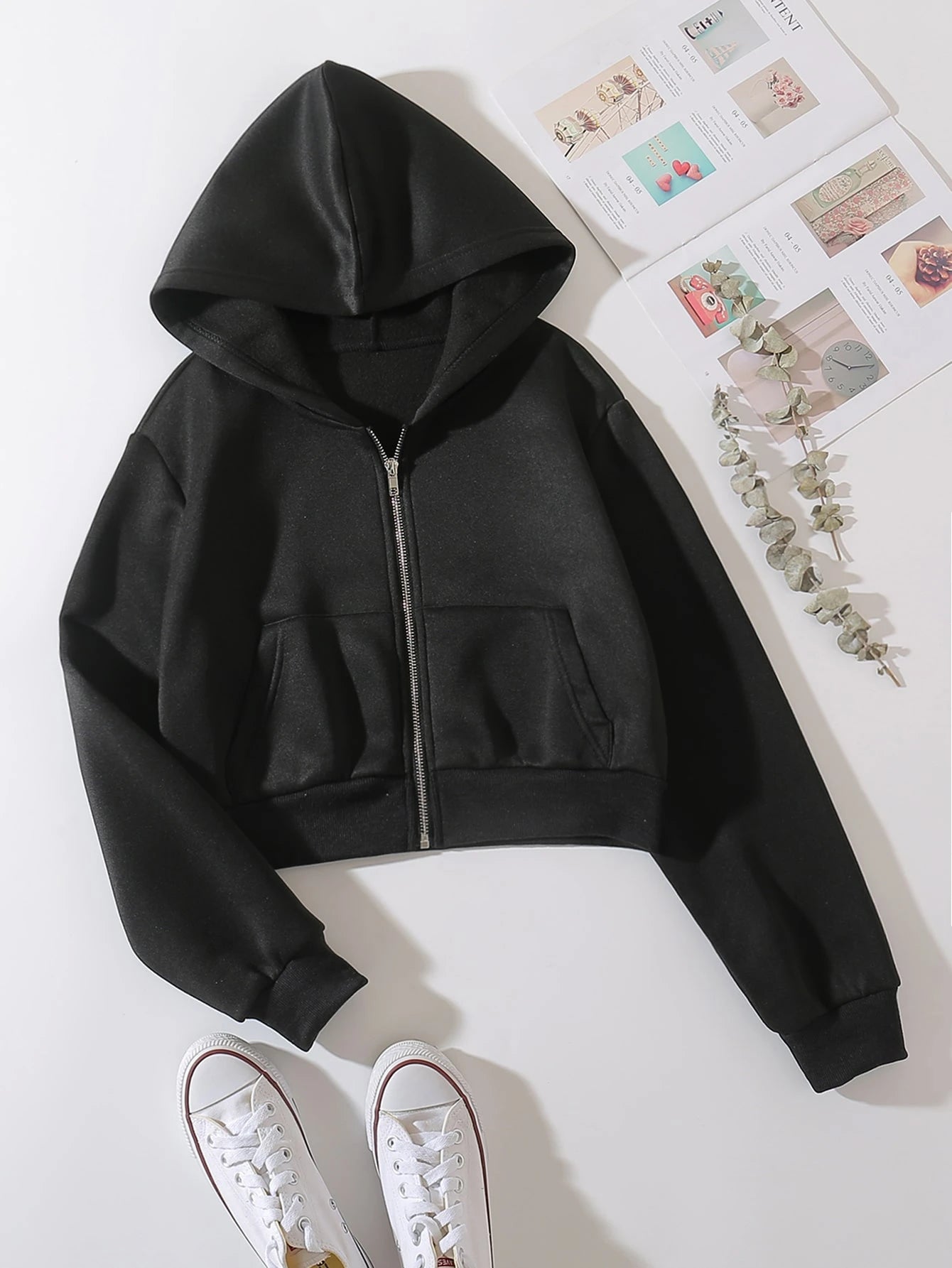 INAWLY Solid Zip Up Drop Shoulder Thermal Lined Crop Hoodie,Long Sleeve Tops Graduation,Back To School Outfits,Graduation,Teacher Outfits For Women,Back To School Pullover Fall Outfit