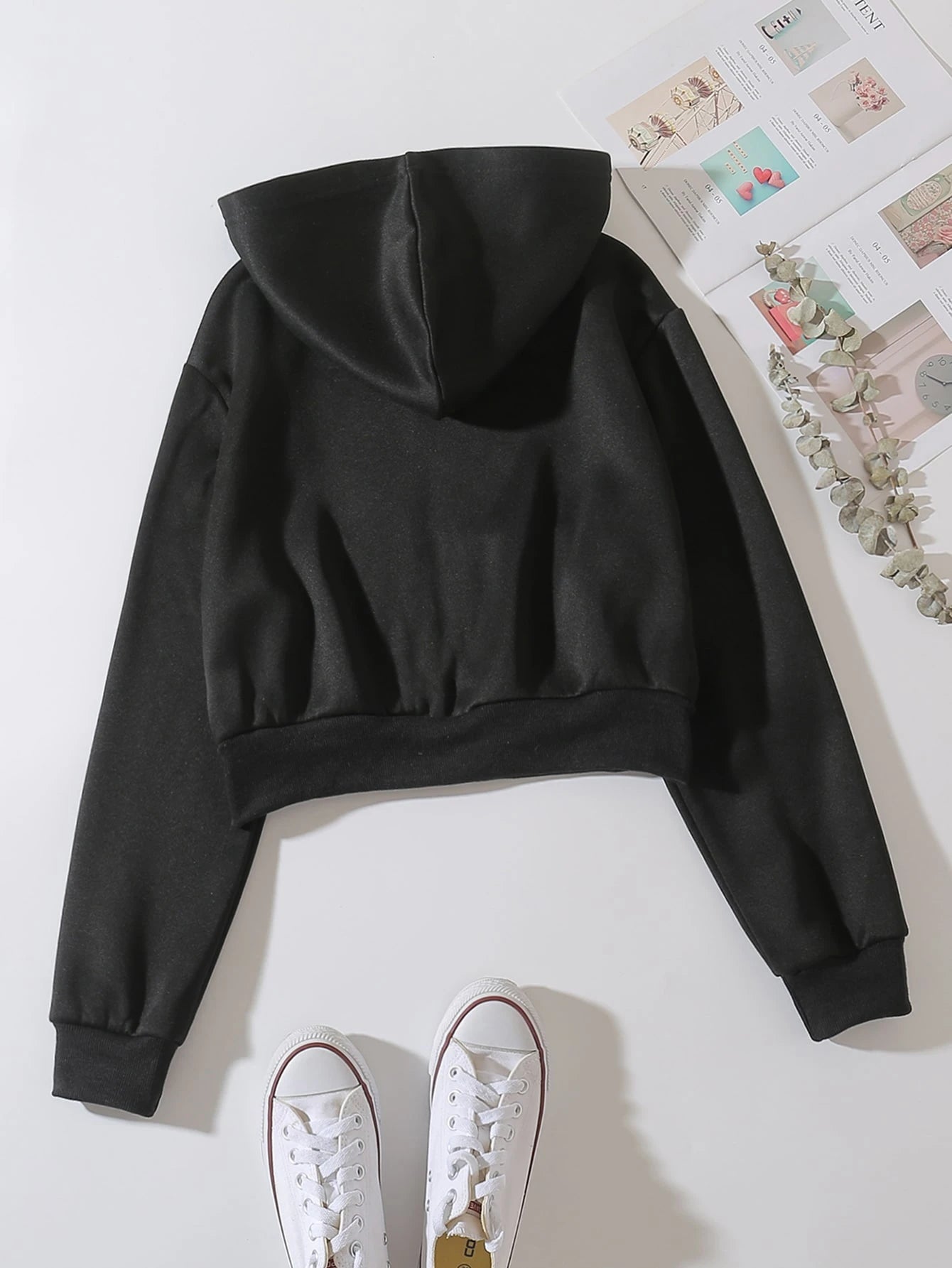 INAWLY Solid Zip Up Drop Shoulder Thermal Lined Crop Hoodie,Long Sleeve Tops Graduation,Back To School Outfits,Graduation,Teacher Outfits For Women,Back To School Pullover Fall Outfit