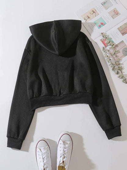 INAWLY Solid Zip Up Drop Shoulder Thermal Lined Crop Hoodie,Long Sleeve Tops Graduation,Back To School Outfits,Graduation,Teacher Outfits For Women,Back To School Pullover Fall Outfit