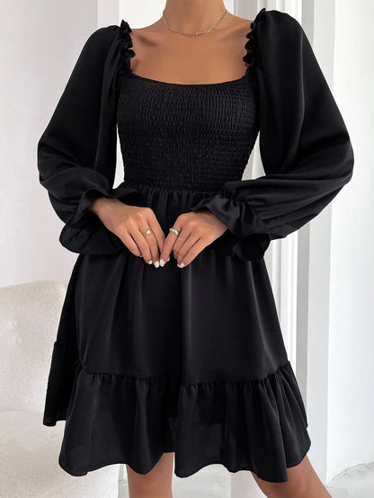 Chiquease Square Neck Shirred Bodice Flounce Sleeve Ruffle Hem Dress Fall Cloth For Women