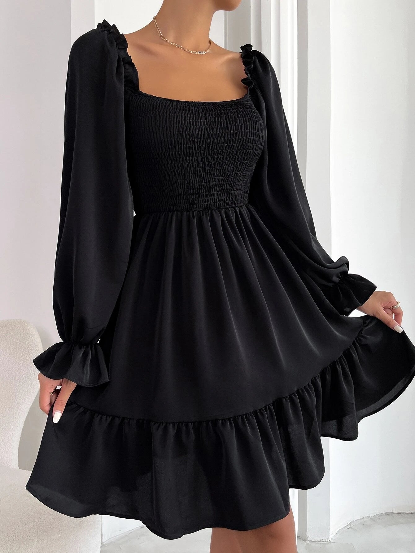 Chiquease Square Neck Shirred Bodice Flounce Sleeve Ruffle Hem Dress Fall Cloth For Women