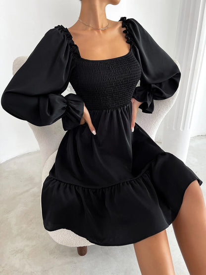 Chiquease Square Neck Shirred Bodice Flounce Sleeve Ruffle Hem Dress Fall Cloth For Women
