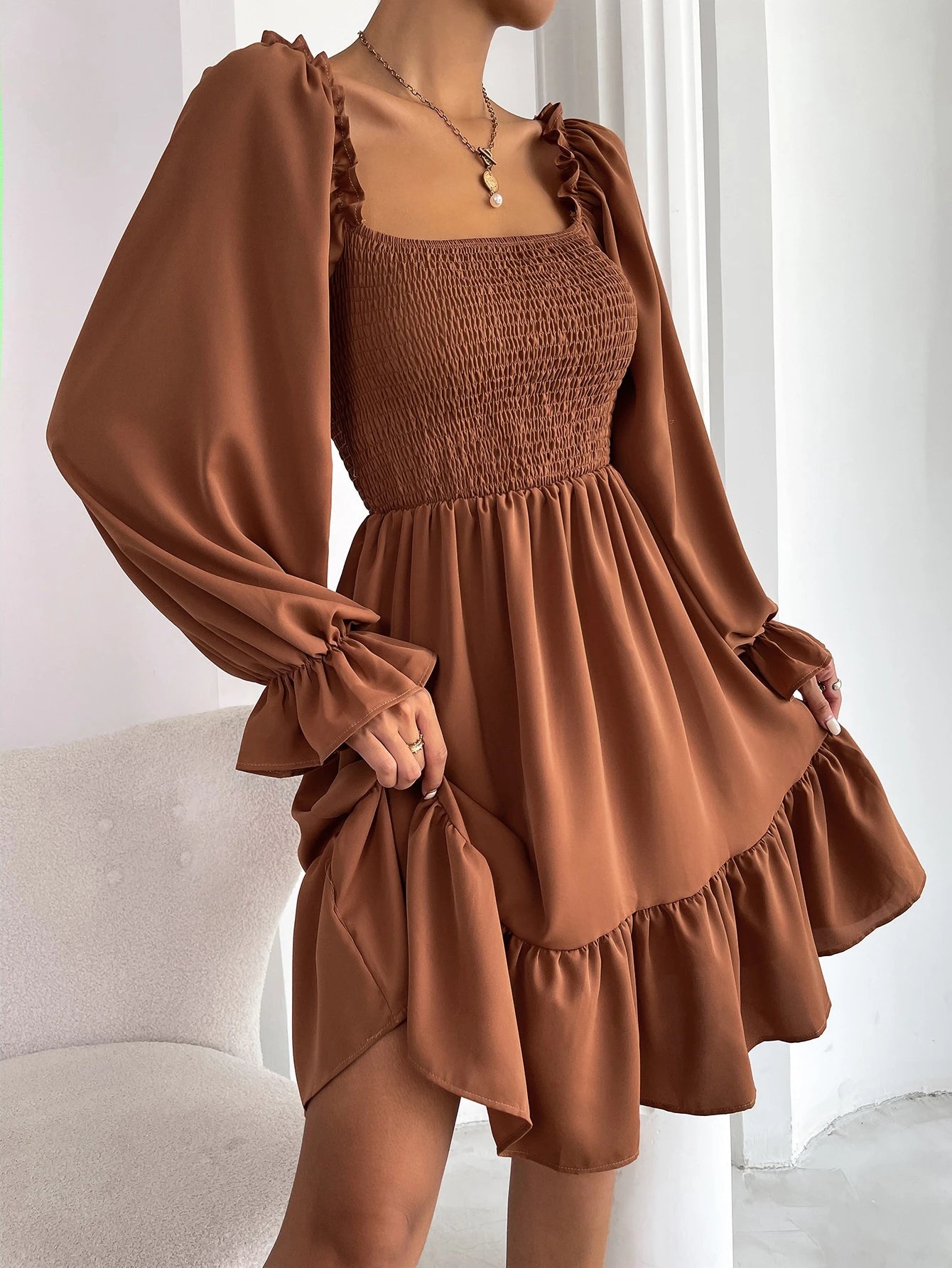 Chiquease Square Neck Shirred Bodice Flounce Sleeve Ruffle Hem Dress Fall Cloth For Women