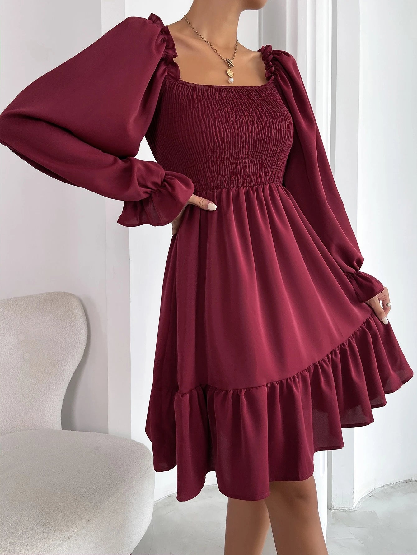 Chiquease Square Neck Shirred Bodice Flounce Sleeve Ruffle Hem Dress Fall Cloth For Women
