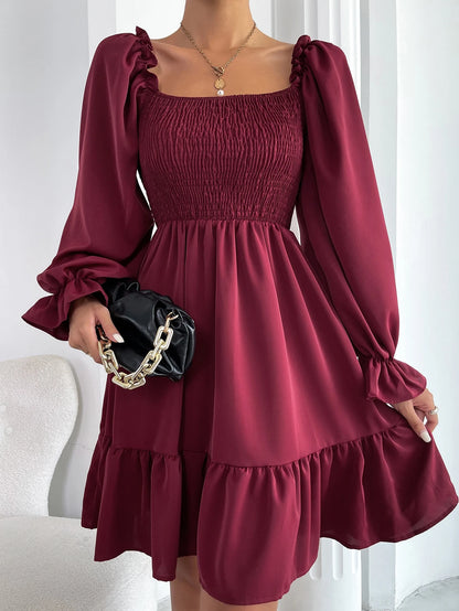 Chiquease Square Neck Shirred Bodice Flounce Sleeve Ruffle Hem Dress Fall Cloth For Women
