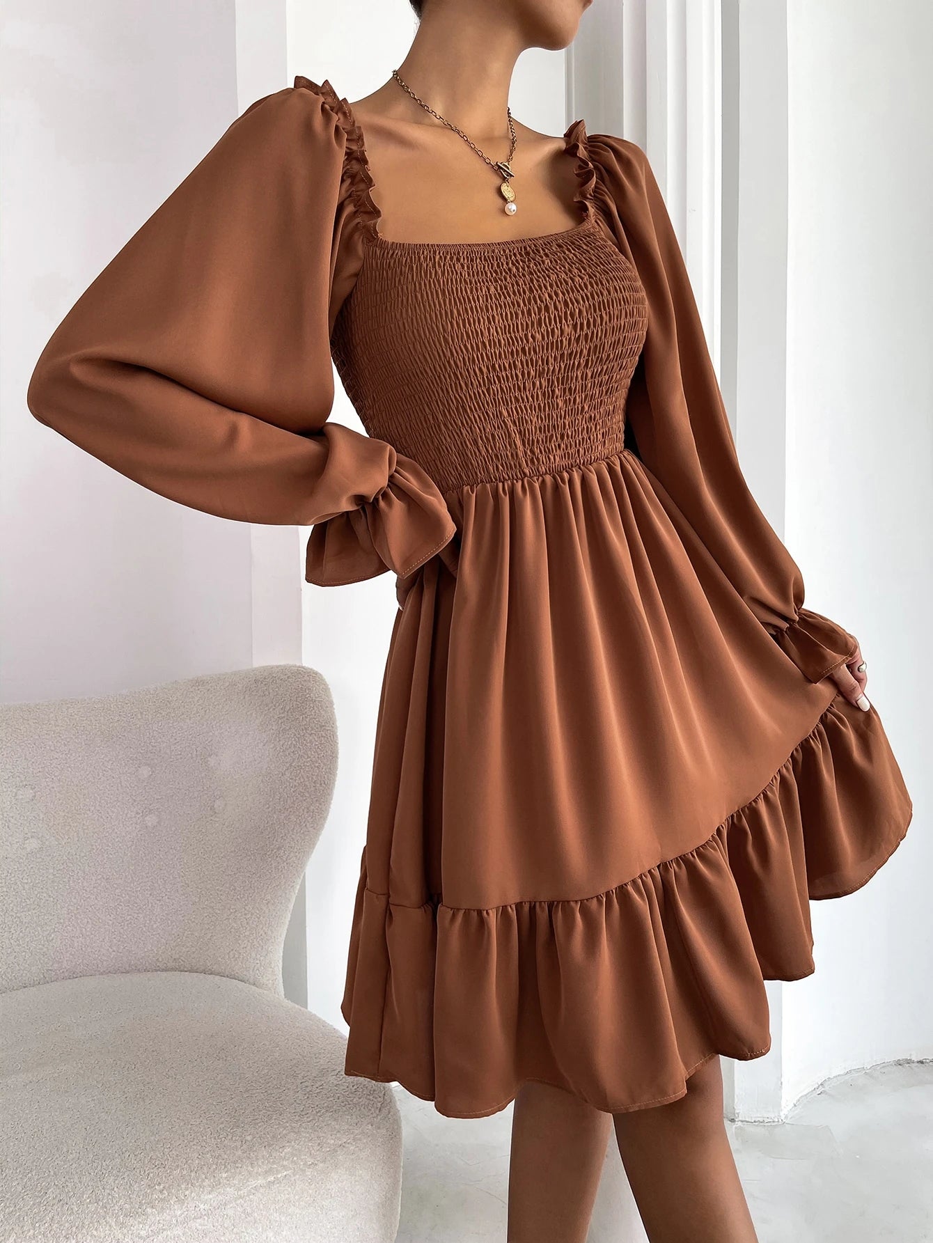 Chiquease Square Neck Shirred Bodice Flounce Sleeve Ruffle Hem Dress Fall Cloth For Women