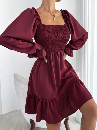 Chiquease Square Neck Shirred Bodice Flounce Sleeve Ruffle Hem Dress Fall Cloth For Women