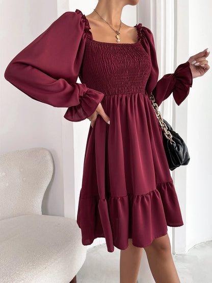 Chiquease Square Neck Shirred Bodice Flounce Sleeve Ruffle Hem Dress Fall Cloth For Women