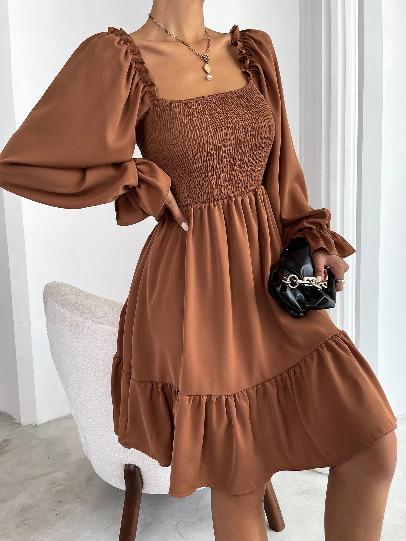 Chiquease Square Neck Shirred Bodice Flounce Sleeve Ruffle Hem Dress Fall Cloth For Women