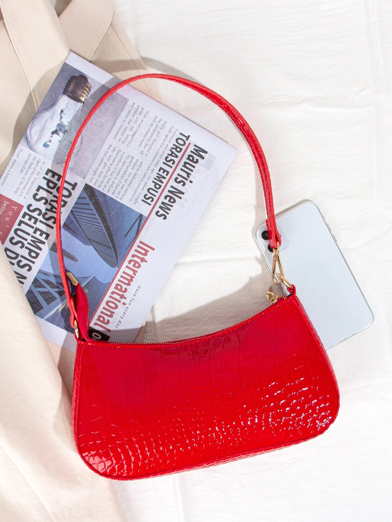 Women's Fashion Solid Color Crocodile Pattern Baguette Shoulder Bag