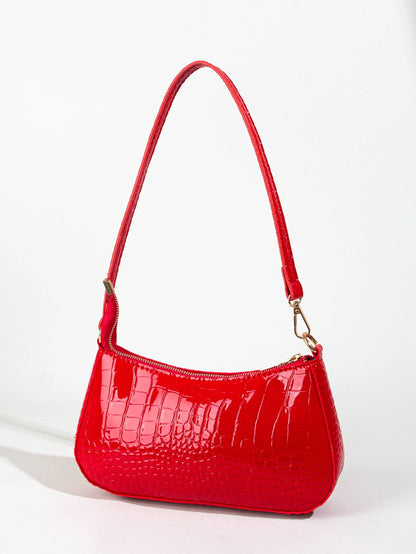 Women's Fashion Solid Color Crocodile Pattern Baguette Shoulder Bag