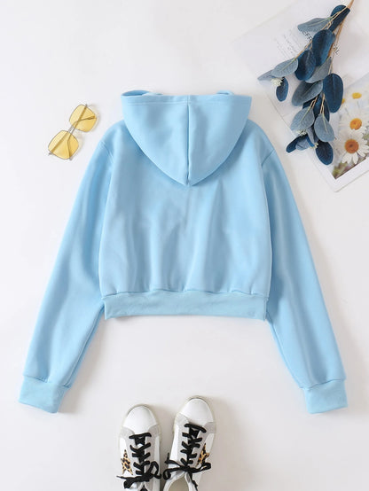 INAWLY Solid Zip Up Drop Shoulder Thermal Lined Crop Hoodie,Long Sleeve Tops Graduation,Back To School Outfits,Graduation,Teacher Outfits For Women,Back To School Pullover Fall Outfit