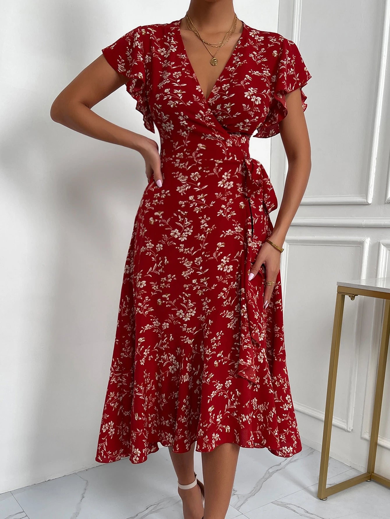 EMERY ROSE Floral Print Butterfly Sleeve Knot Side Dress Burgundy Maxi Women Outfit