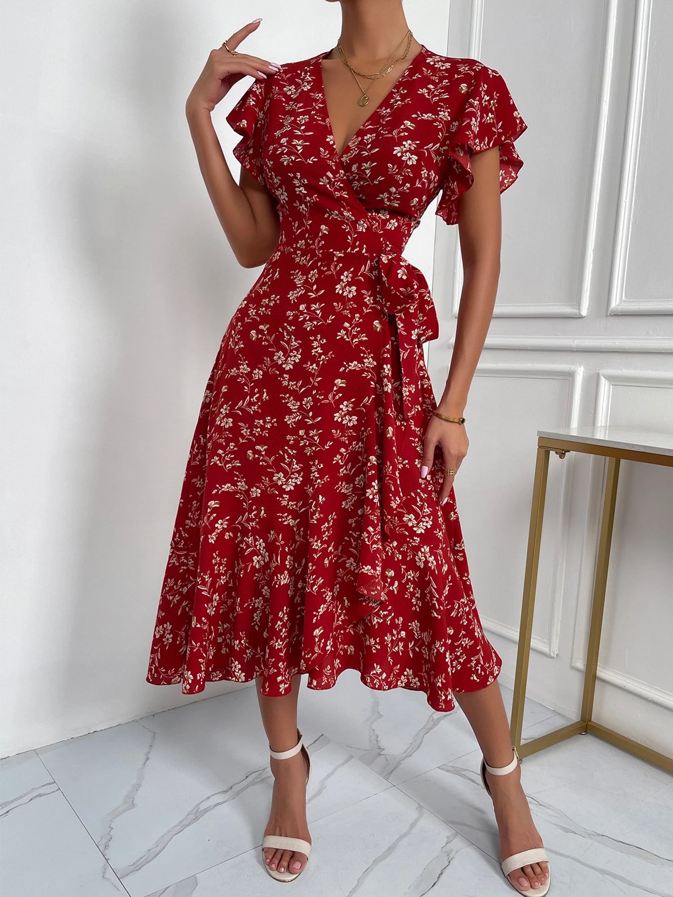 EMERY ROSE Floral Print Butterfly Sleeve Knot Side Dress Burgundy Maxi Women Outfit