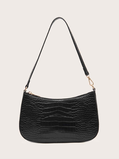 Women's Fashion Solid Color Crocodile Pattern Baguette Shoulder Bag