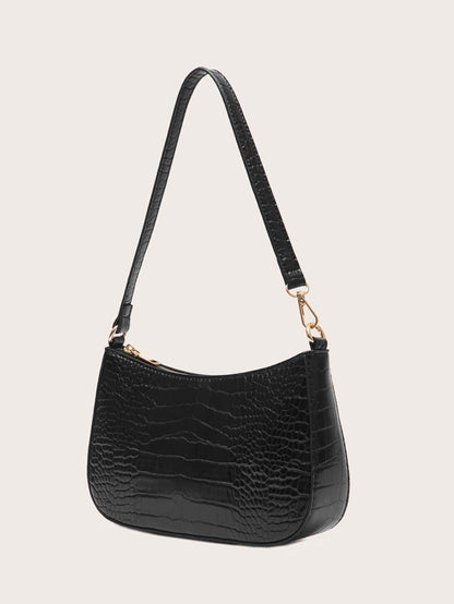 Women's Fashion Solid Color Crocodile Pattern Baguette Shoulder Bag
