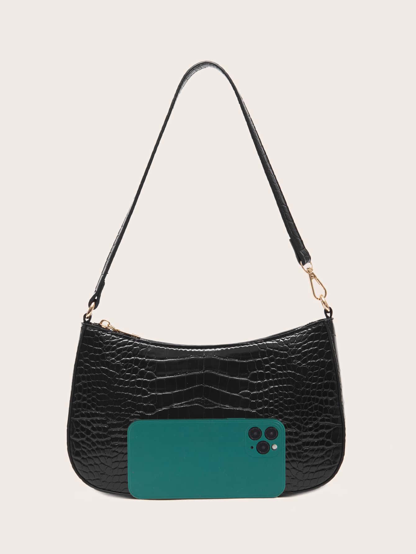 Women's Fashion Solid Color Crocodile Pattern Baguette Shoulder Bag