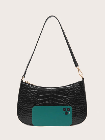 Women's Fashion Solid Color Crocodile Pattern Baguette Shoulder Bag