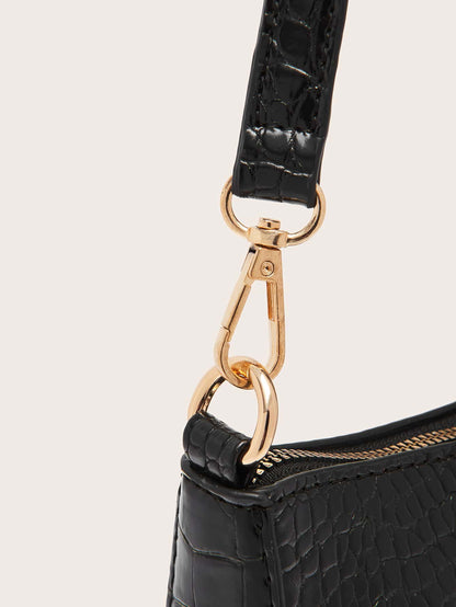 Women's Fashion Solid Color Crocodile Pattern Baguette Shoulder Bag