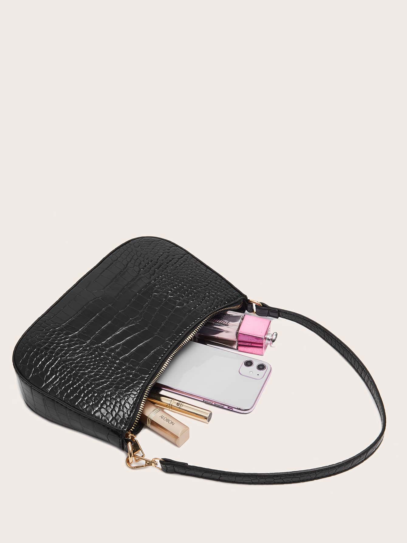 Women's Fashion Solid Color Crocodile Pattern Baguette Shoulder Bag