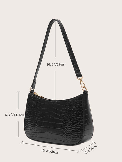 Women's Fashion Solid Color Crocodile Pattern Baguette Shoulder Bag