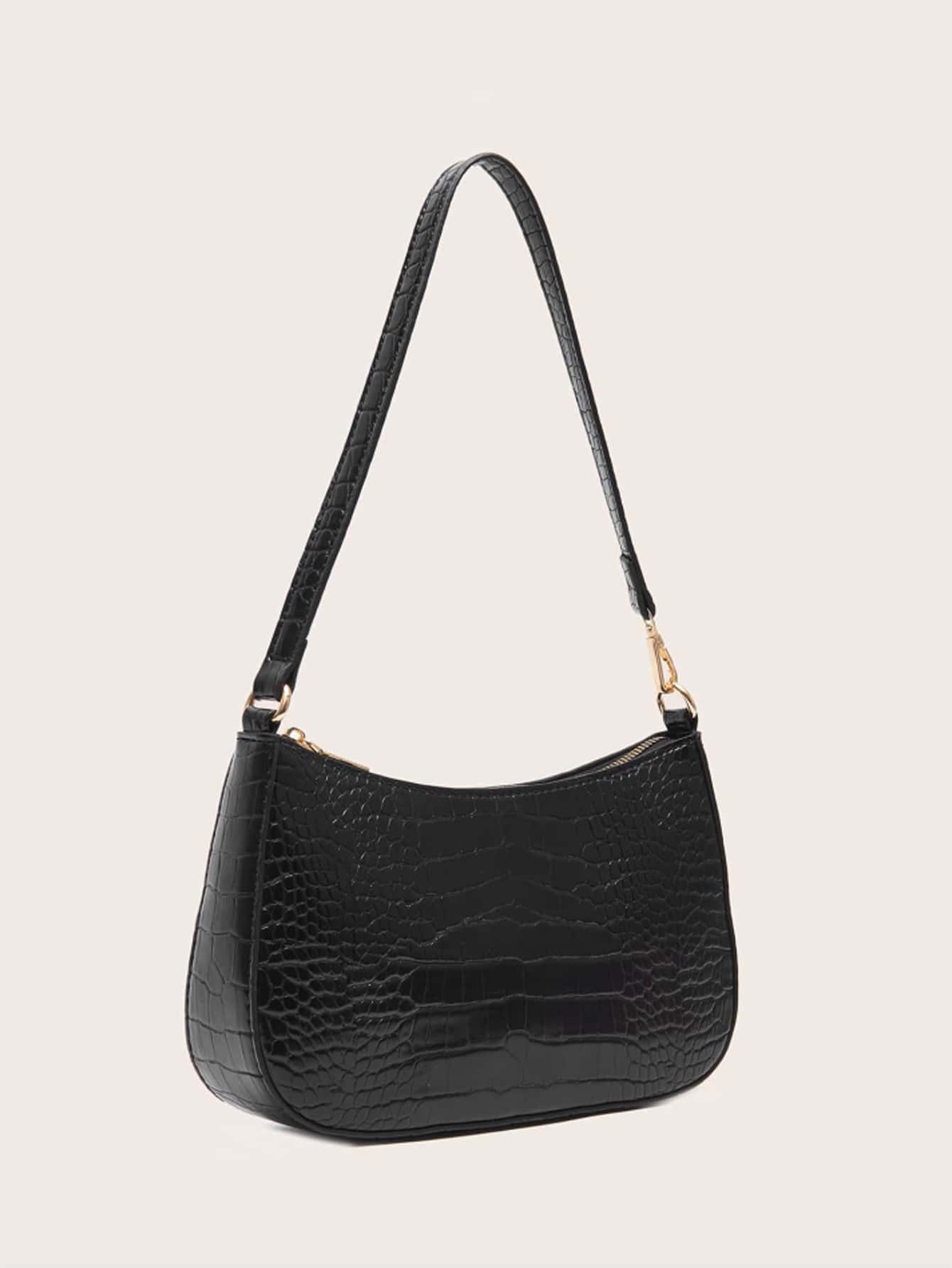 Women's Fashion Solid Color Crocodile Pattern Baguette Shoulder Bag