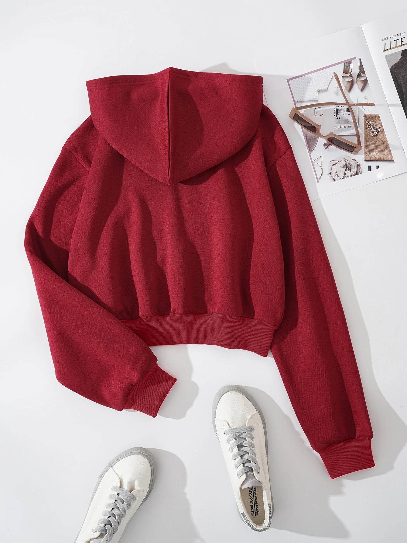 INAWLY Solid Zip Up Drop Shoulder Thermal Lined Crop Hoodie,Long Sleeve Tops Graduation,Back To School Outfits,Graduation,Teacher Outfits For Women,Back To School Pullover Fall Outfit