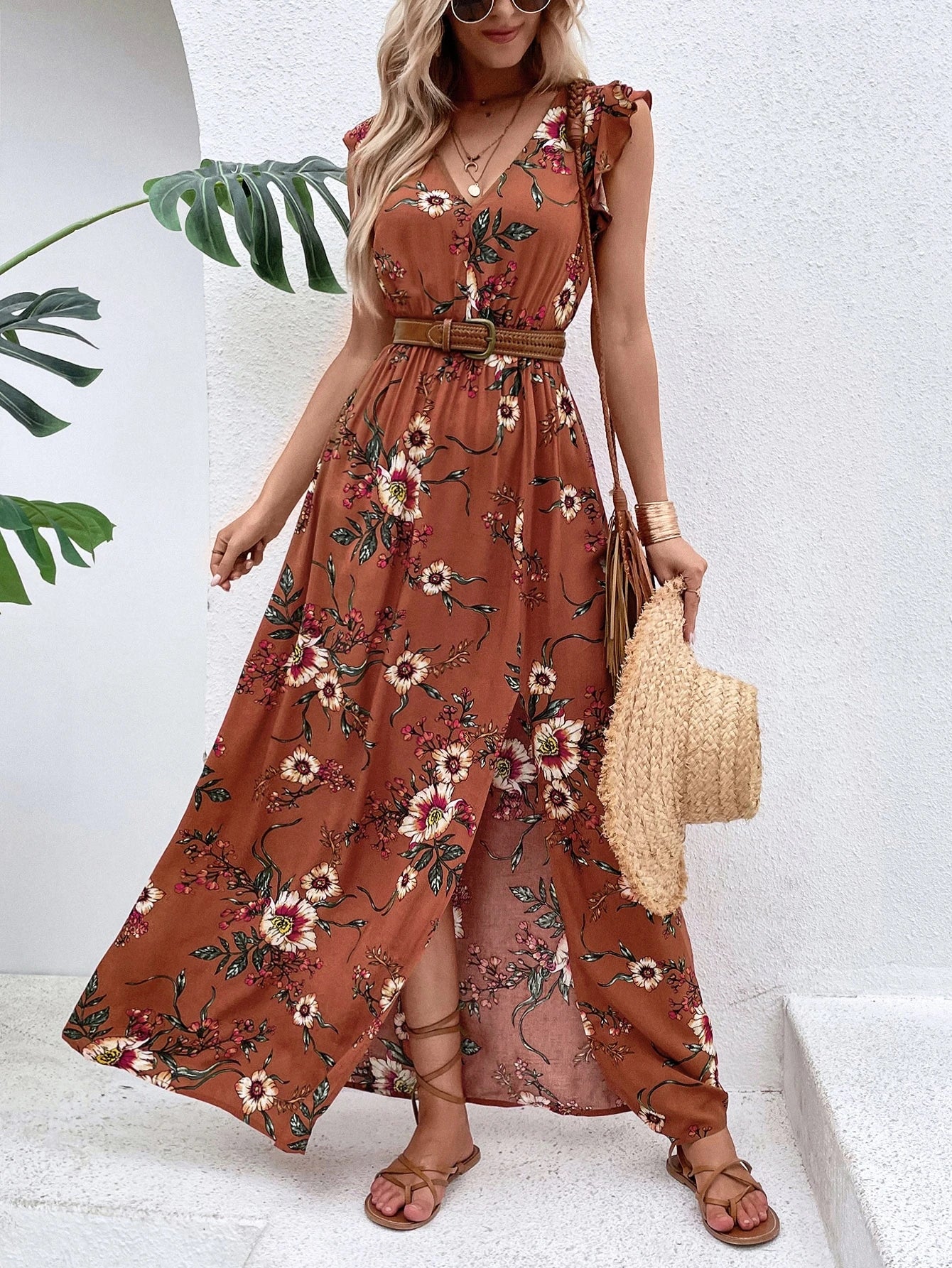 Breezaya Floral Print Ruffle Trim Slit Thigh Dress Without Belt Maxi Vacation Beach Outfits Women