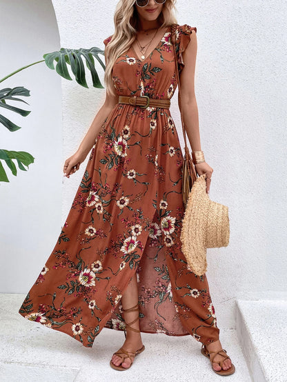 Breezaya Floral Print Ruffle Trim Slit Thigh Dress Without Belt Maxi Vacation Beach Outfits Women