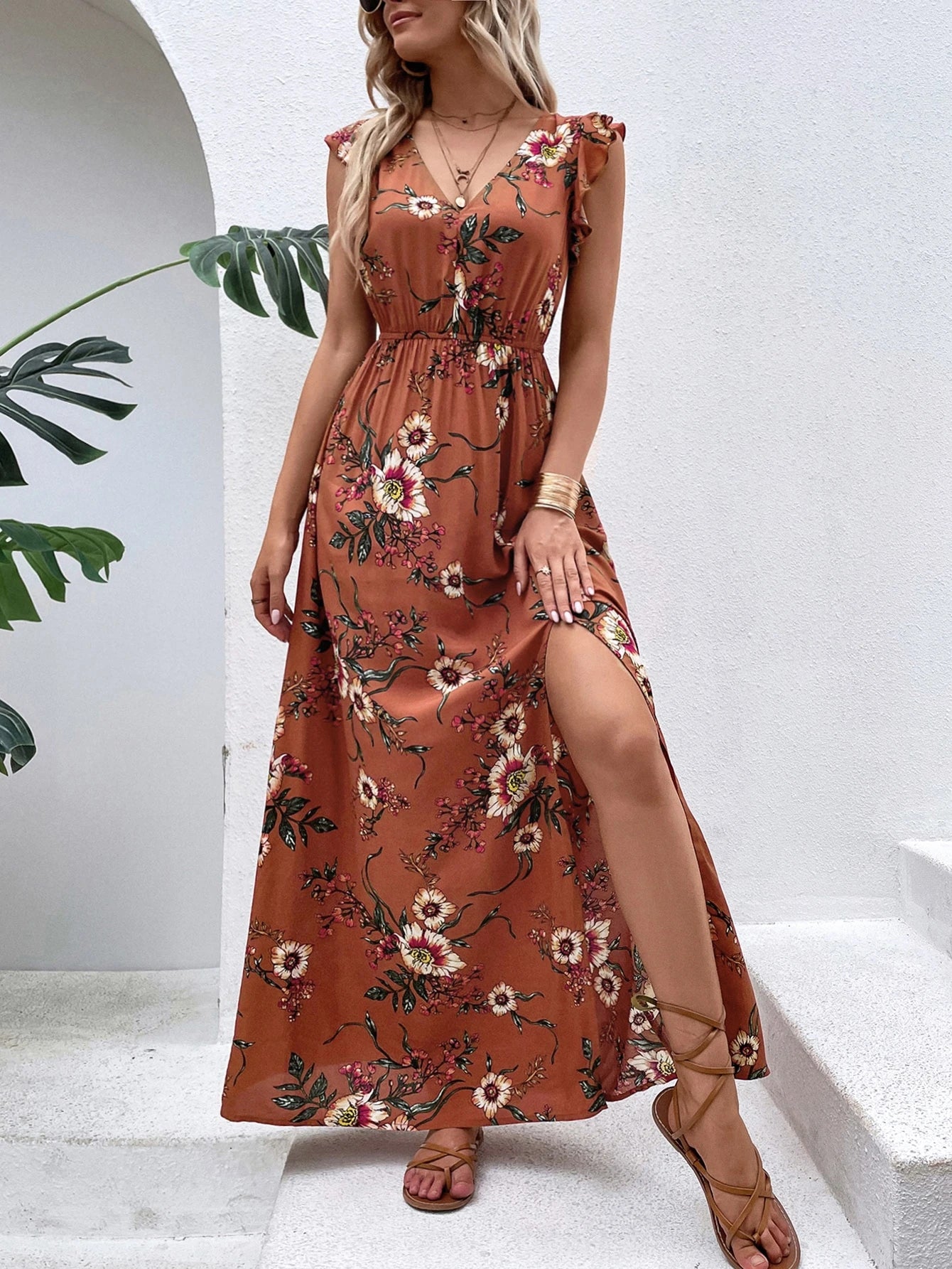 Breezaya Floral Print Ruffle Trim Slit Thigh Dress Without Belt Maxi Vacation Beach Outfits Women
