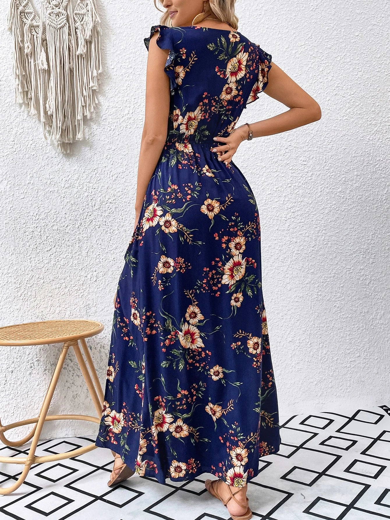 Breezaya Floral Print Ruffle Trim Slit Thigh Dress Without Belt Maxi Vacation Beach Outfits Women