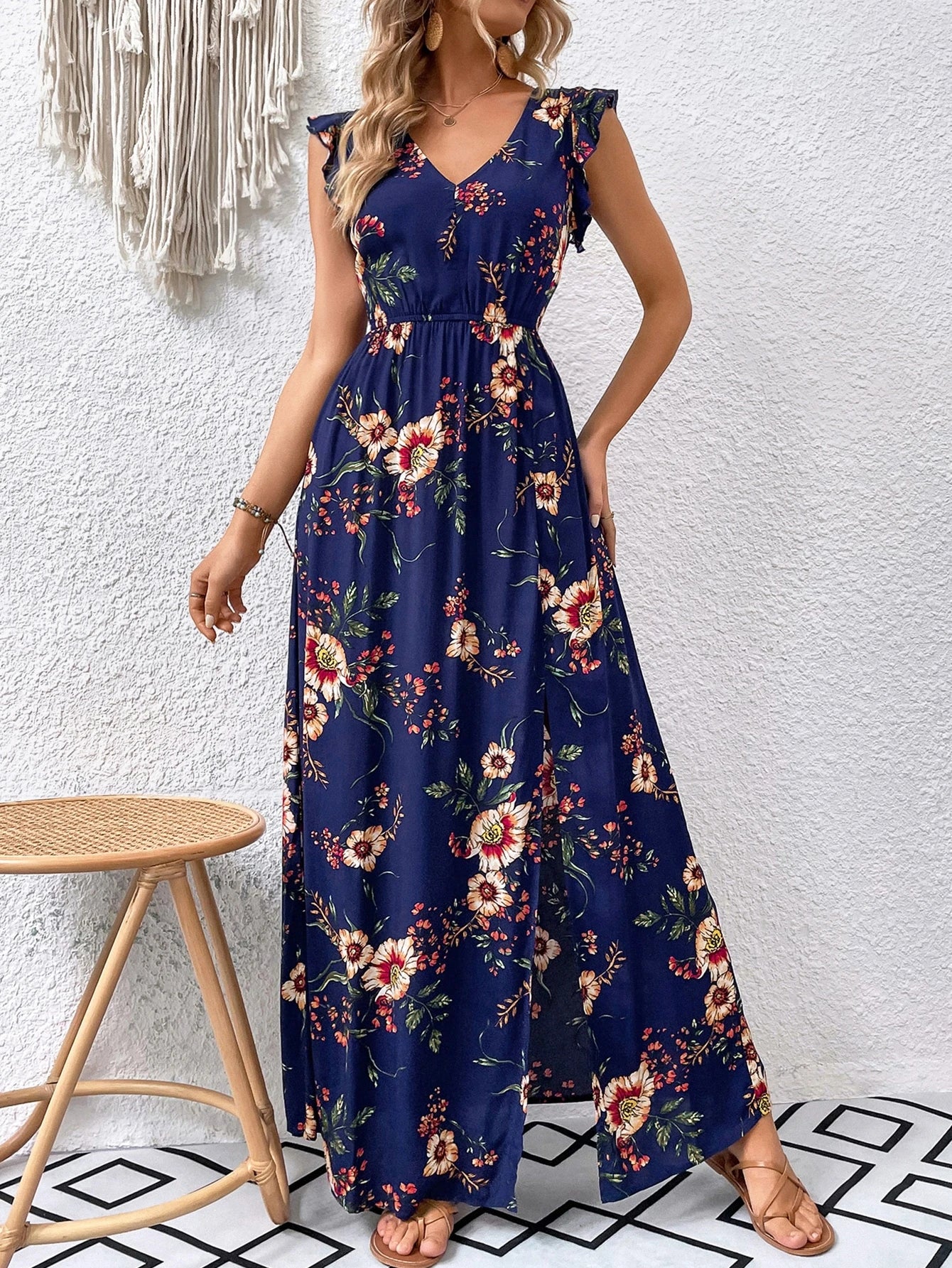 Breezaya Floral Print Ruffle Trim Slit Thigh Dress Without Belt Maxi Vacation Beach Outfits Women