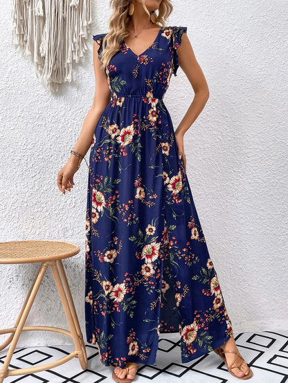Breezaya Floral Print Ruffle Trim Slit Thigh Dress Without Belt Maxi Vacation Beach Outfits Women