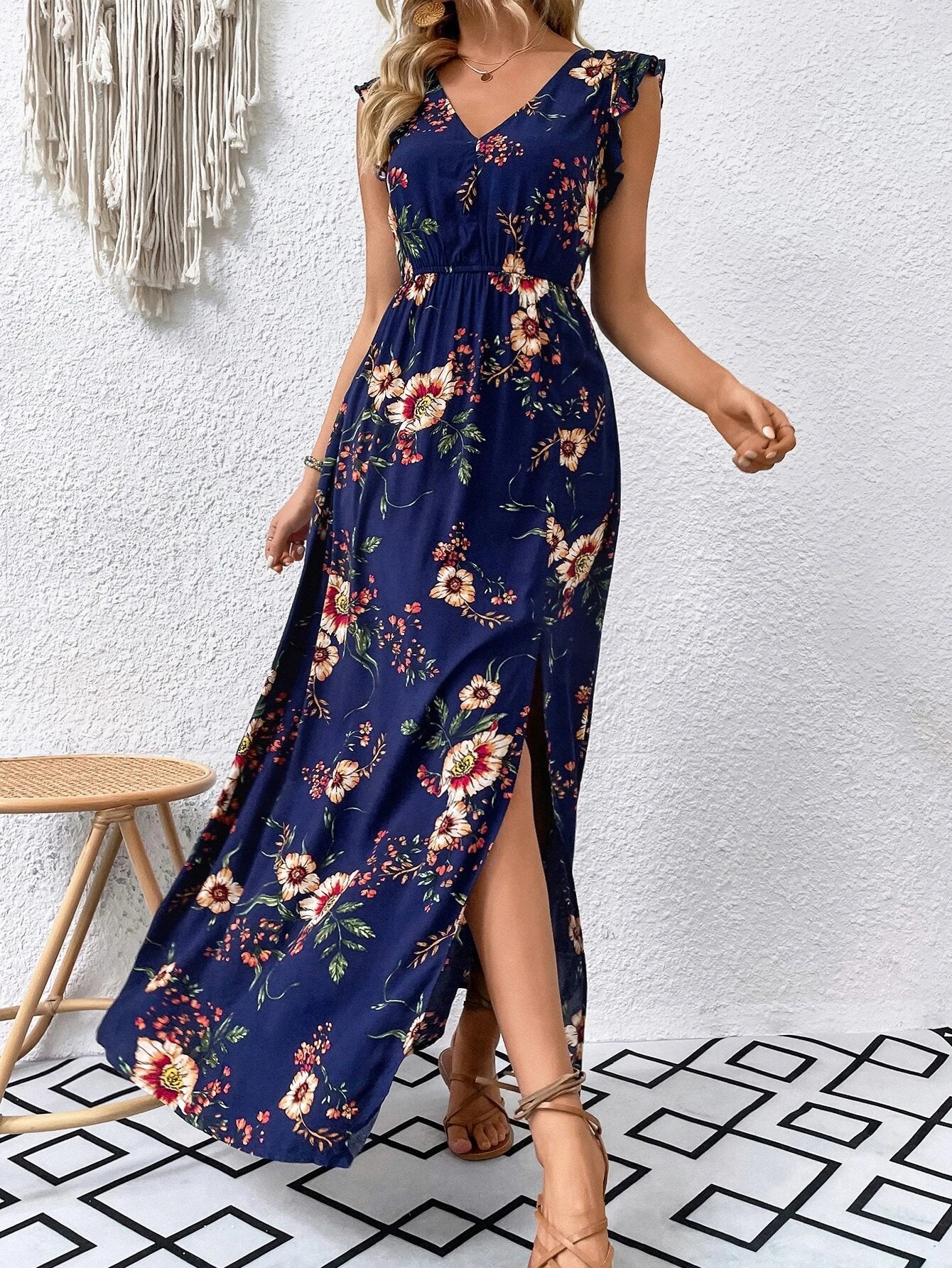 Breezaya Floral Print Ruffle Trim Slit Thigh Dress Without Belt Maxi Vacation Beach Outfits Women