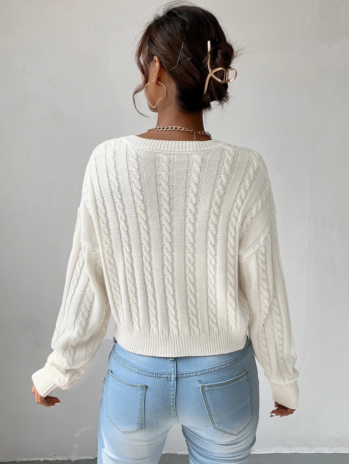 Chiquease V-Neck Cable Knit Sweater,Long Sleeve Tops Knit Pullover Fall Winter Outfit