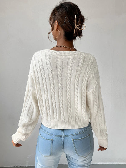 Chiquease V-Neck Cable Knit Sweater,Long Sleeve Tops Knit Pullover Fall Winter Outfit