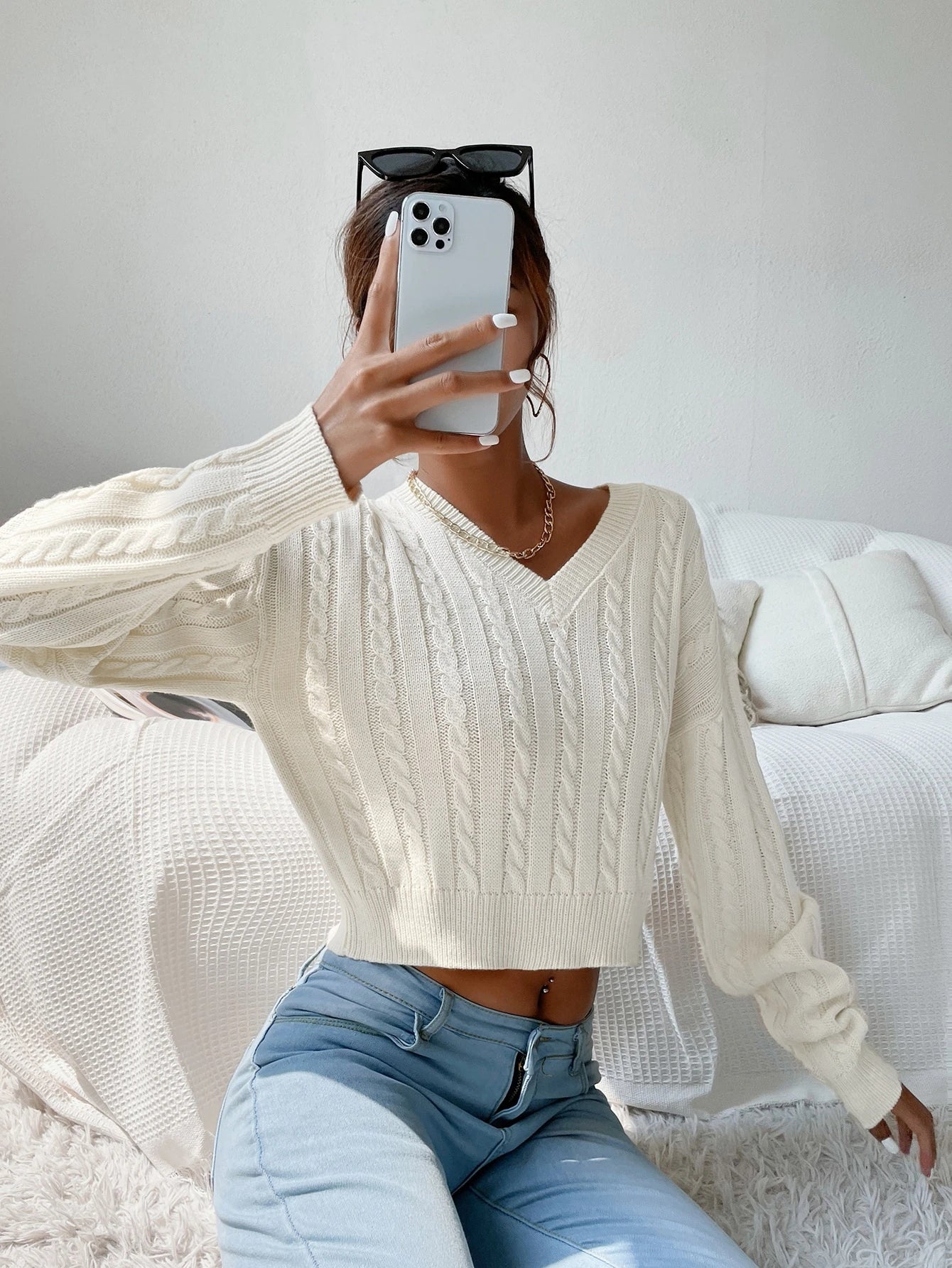 Chiquease V-Neck Cable Knit Sweater,Long Sleeve Tops Knit Pullover Fall Winter Outfit