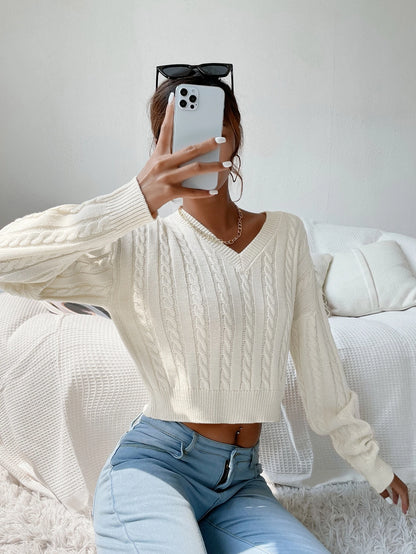 Chiquease V-Neck Cable Knit Sweater,Long Sleeve Tops Knit Pullover Fall Winter Outfit