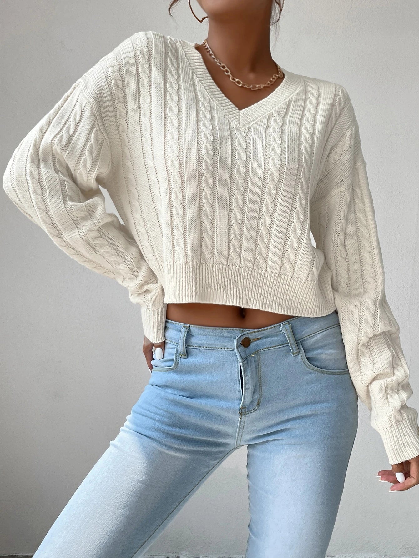 Chiquease V-Neck Cable Knit Sweater,Long Sleeve Tops Knit Pullover Fall Winter Outfit