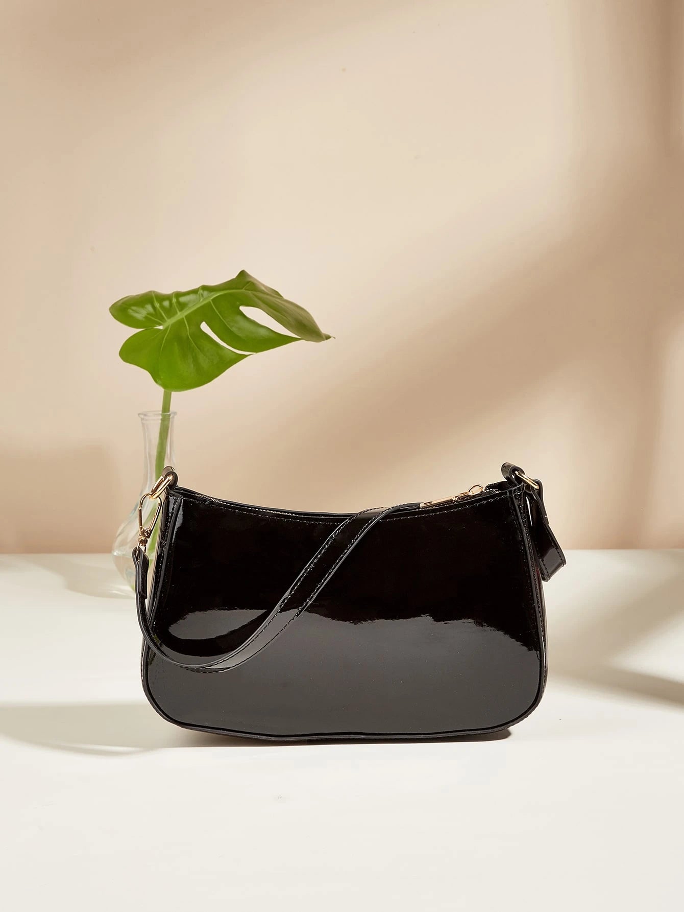 Artificial Patent Leather Minimalist Hobo Bag, Perfect For Music Festival