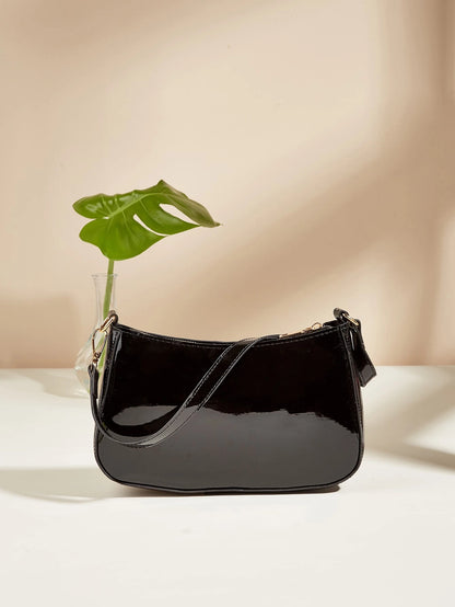 Artificial Patent Leather Minimalist Hobo Bag, Perfect For Music Festival