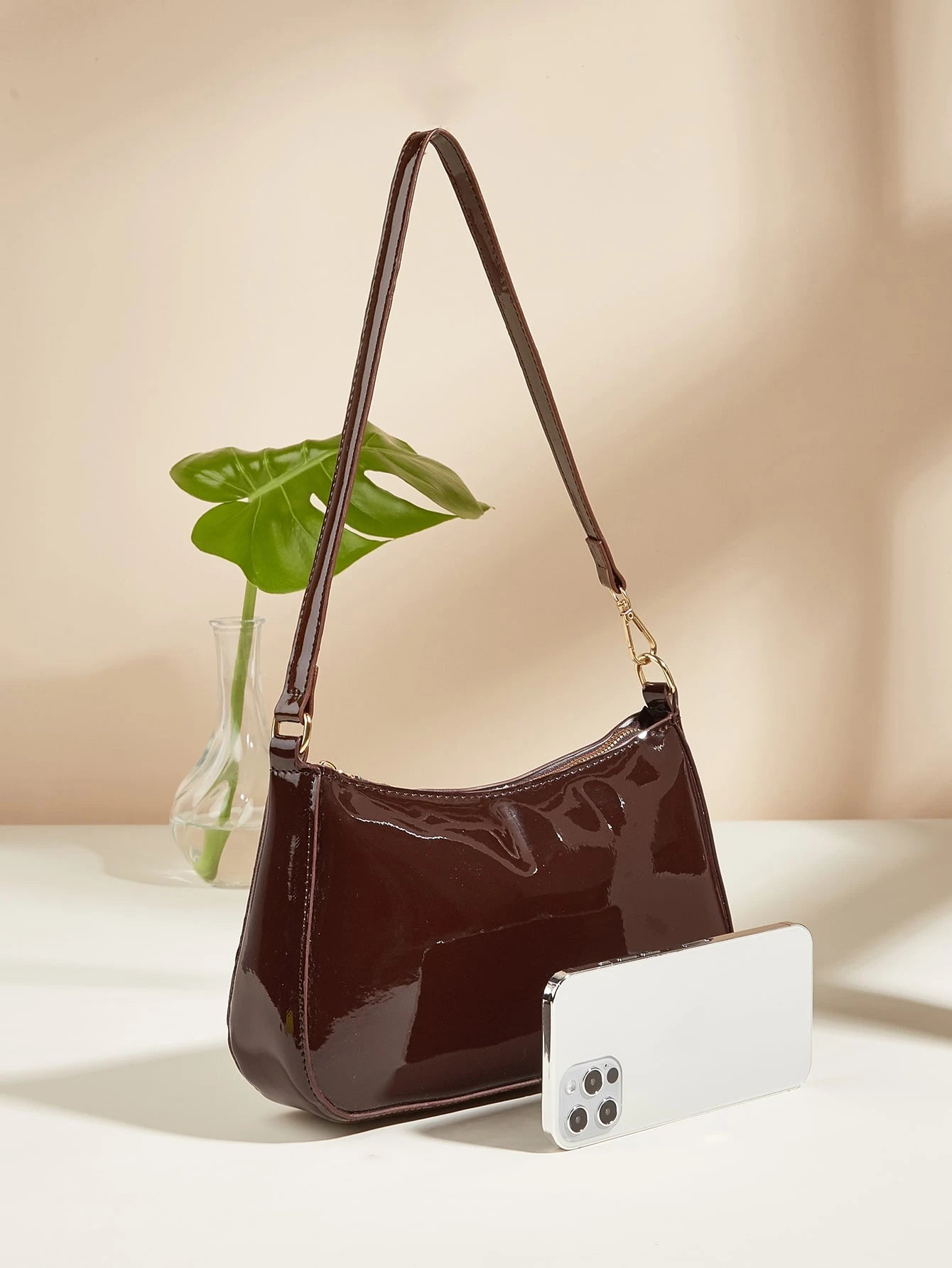 Artificial Patent Leather Minimalist Hobo Bag, Perfect For Music Festival